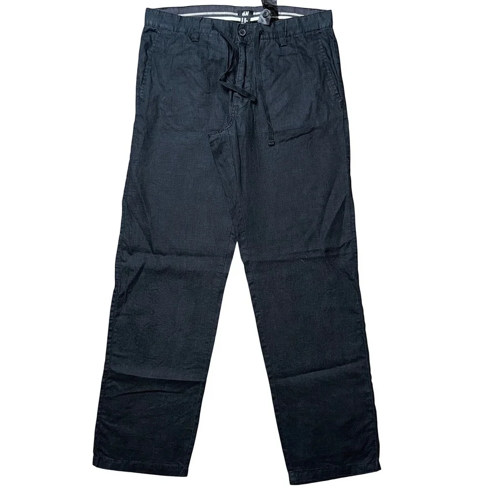 H&M Black 100% Linen Straight Leg Drawstring Pants 33R Womens Mens Casual